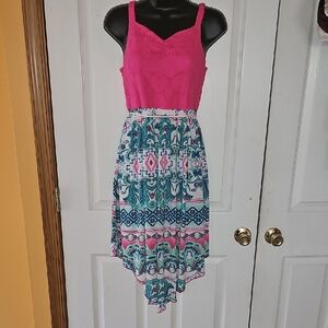 Pink and Green High-Low Sundress with Sweetheart Neckline